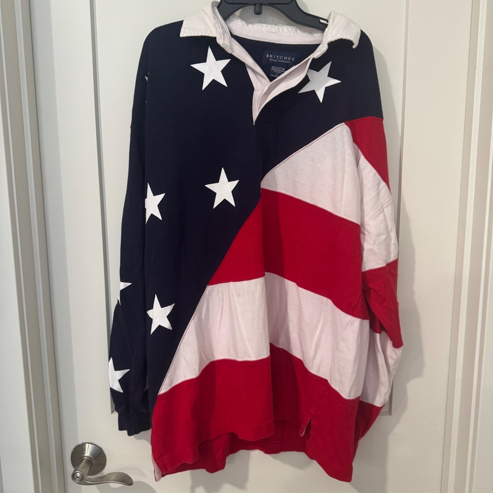 Vintage Britches Great Outdoors American Flag Rugby Shirt Mens Large Stars Red